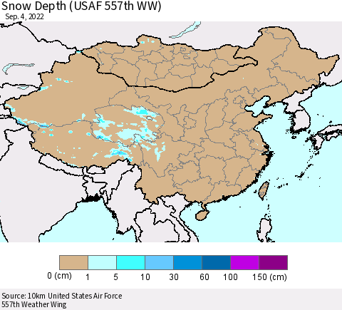 China, Mongolia and Taiwan Snow Depth (USAF 557th WW) Thematic Map For 8/29/2022 - 9/4/2022