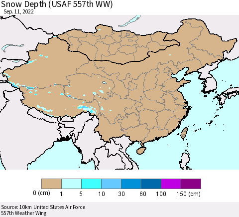 China, Mongolia and Taiwan Snow Depth (USAF 557th WW) Thematic Map For 9/5/2022 - 9/11/2022