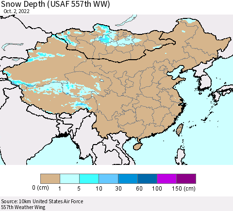 China, Mongolia and Taiwan Snow Depth (USAF 557th WW) Thematic Map For 9/26/2022 - 10/2/2022