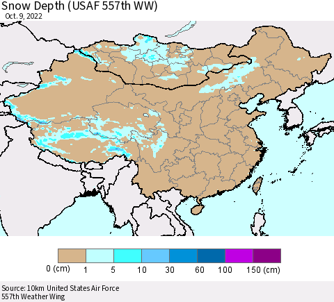 China, Mongolia and Taiwan Snow Depth (USAF 557th WW) Thematic Map For 10/3/2022 - 10/9/2022
