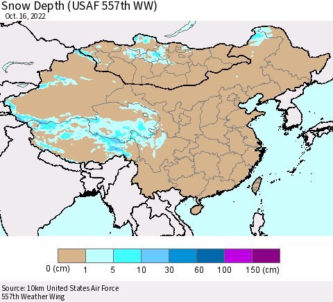 China, Mongolia and Taiwan Snow Depth (USAF 557th WW) Thematic Map For 10/10/2022 - 10/16/2022
