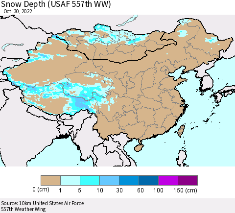 China, Mongolia and Taiwan Snow Depth (USAF 557th WW) Thematic Map For 10/24/2022 - 10/30/2022
