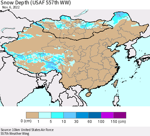 China, Mongolia and Taiwan Snow Depth (USAF 557th WW) Thematic Map For 10/31/2022 - 11/6/2022
