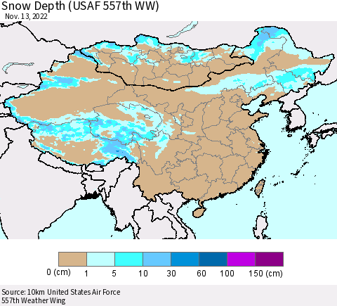 China, Mongolia and Taiwan Snow Depth (USAF 557th WW) Thematic Map For 11/7/2022 - 11/13/2022