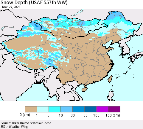 China, Mongolia and Taiwan Snow Depth (USAF 557th WW) Thematic Map For 11/21/2022 - 11/27/2022