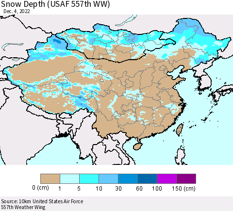 China, Mongolia and Taiwan Snow Depth (USAF 557th WW) Thematic Map For 11/28/2022 - 12/4/2022