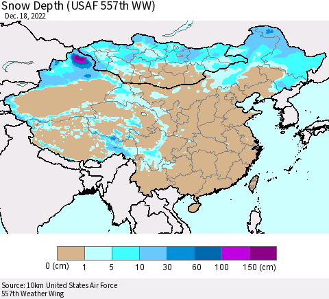 China, Mongolia and Taiwan Snow Depth (USAF 557th WW) Thematic Map For 12/12/2022 - 12/18/2022