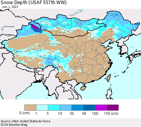 China, Mongolia and Taiwan Snow Depth (USAF 557th WW) Thematic Map For 12/26/2022 - 1/1/2023