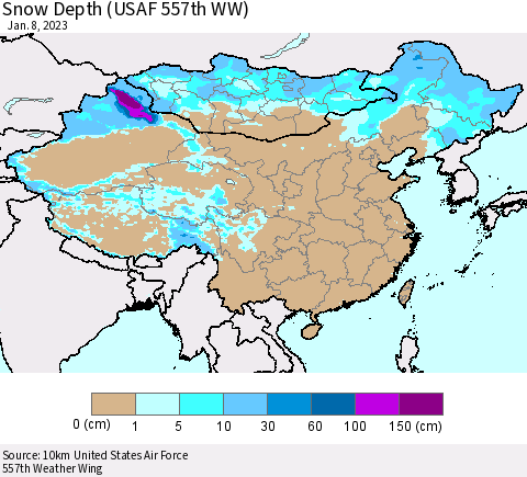 China, Mongolia and Taiwan Snow Depth (USAF 557th WW) Thematic Map For 1/2/2023 - 1/8/2023