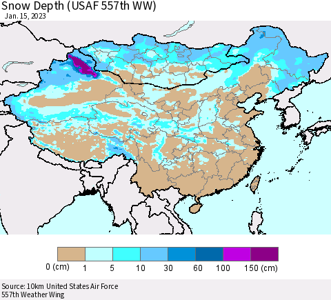 China, Mongolia and Taiwan Snow Depth (USAF 557th WW) Thematic Map For 1/9/2023 - 1/15/2023