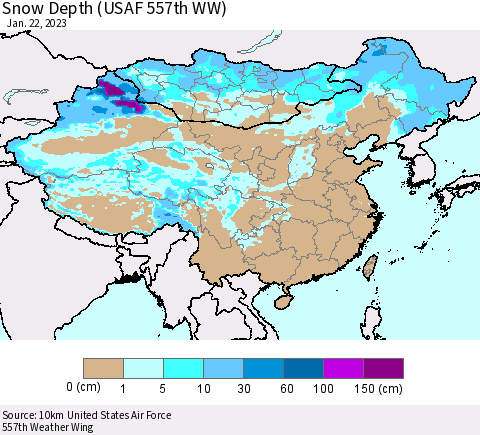 China, Mongolia and Taiwan Snow Depth (USAF 557th WW) Thematic Map For 1/16/2023 - 1/22/2023
