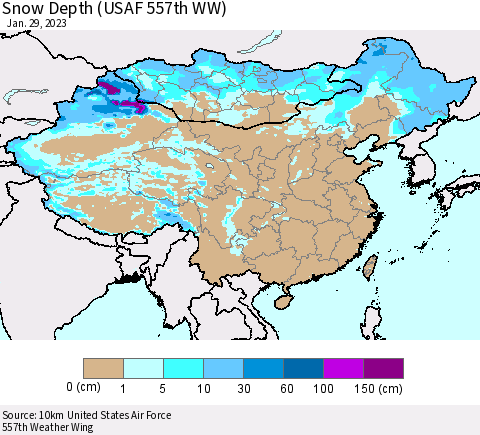 China, Mongolia and Taiwan Snow Depth (USAF 557th WW) Thematic Map For 1/23/2023 - 1/29/2023