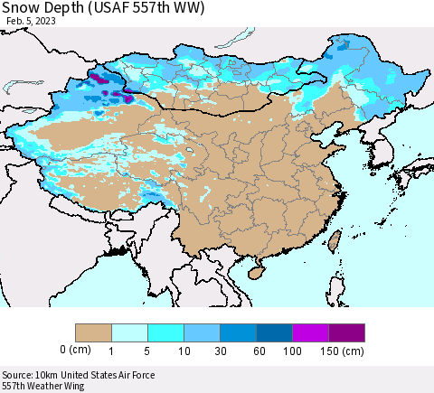 China, Mongolia and Taiwan Snow Depth (USAF 557th WW) Thematic Map For 1/30/2023 - 2/5/2023