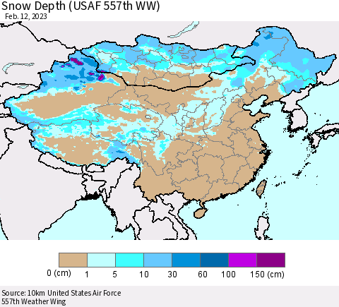China, Mongolia and Taiwan Snow Depth (USAF 557th WW) Thematic Map For 2/6/2023 - 2/12/2023