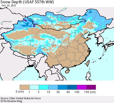 China, Mongolia and Taiwan Snow Depth (USAF 557th WW) Thematic Map For 2/13/2023 - 2/19/2023