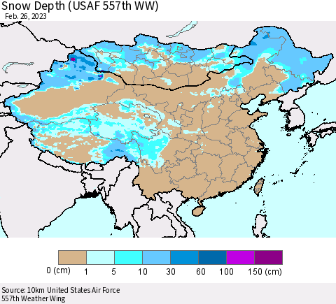 China, Mongolia and Taiwan Snow Depth (USAF 557th WW) Thematic Map For 2/20/2023 - 2/26/2023