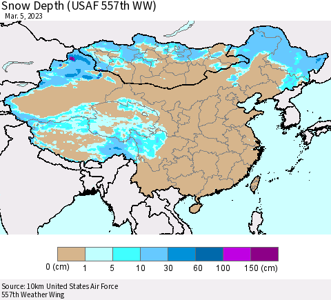 China, Mongolia and Taiwan Snow Depth (USAF 557th WW) Thematic Map For 2/27/2023 - 3/5/2023