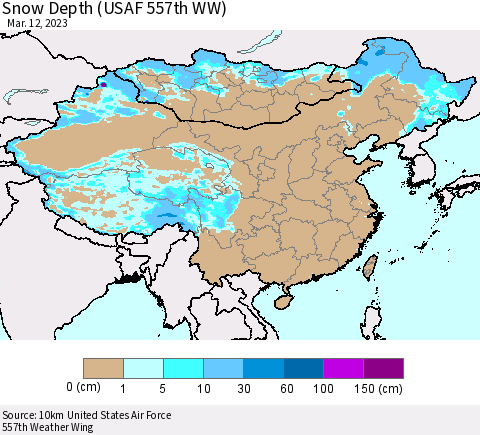 China, Mongolia and Taiwan Snow Depth (USAF 557th WW) Thematic Map For 3/6/2023 - 3/12/2023