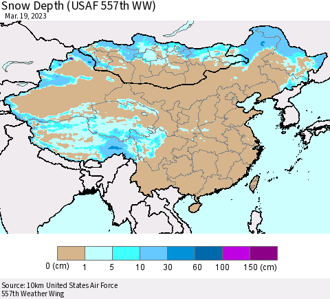 China, Mongolia and Taiwan Snow Depth (USAF 557th WW) Thematic Map For 3/13/2023 - 3/19/2023