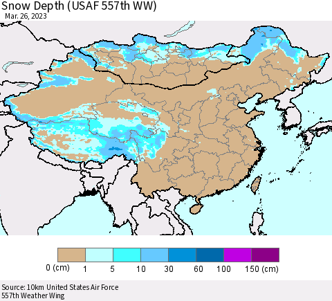 China, Mongolia and Taiwan Snow Depth (USAF 557th WW) Thematic Map For 3/20/2023 - 3/26/2023