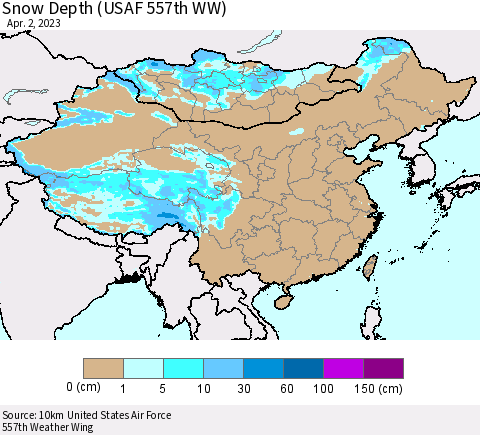 China, Mongolia and Taiwan Snow Depth (USAF 557th WW) Thematic Map For 3/27/2023 - 4/2/2023