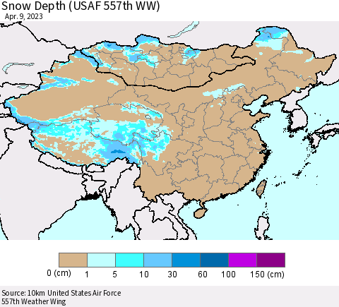 China, Mongolia and Taiwan Snow Depth (USAF 557th WW) Thematic Map For 4/3/2023 - 4/9/2023