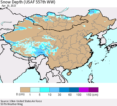 China, Mongolia and Taiwan Snow Depth (USAF 557th WW) Thematic Map For 4/10/2023 - 4/16/2023