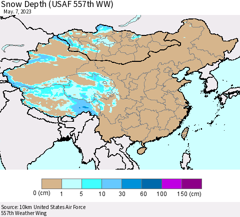 China, Mongolia and Taiwan Snow Depth (USAF 557th WW) Thematic Map For 5/1/2023 - 5/7/2023