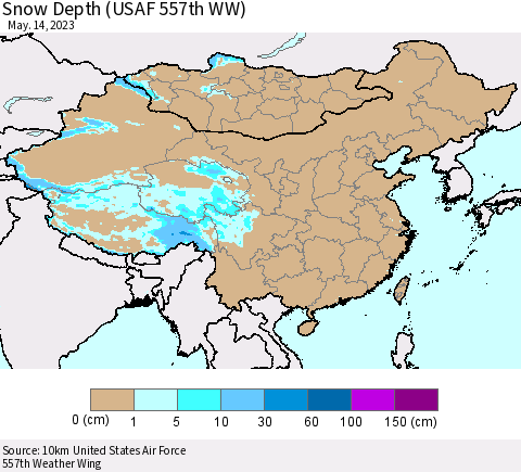China, Mongolia and Taiwan Snow Depth (USAF 557th WW) Thematic Map For 5/8/2023 - 5/14/2023
