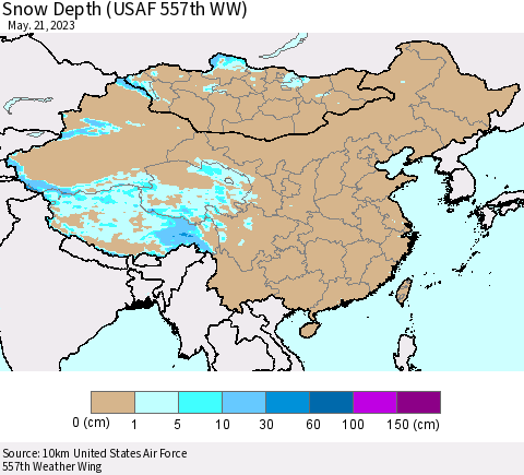 China, Mongolia and Taiwan Snow Depth (USAF 557th WW) Thematic Map For 5/15/2023 - 5/21/2023