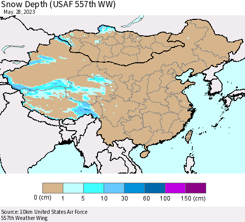 China, Mongolia and Taiwan Snow Depth (USAF 557th WW) Thematic Map For 5/22/2023 - 5/28/2023