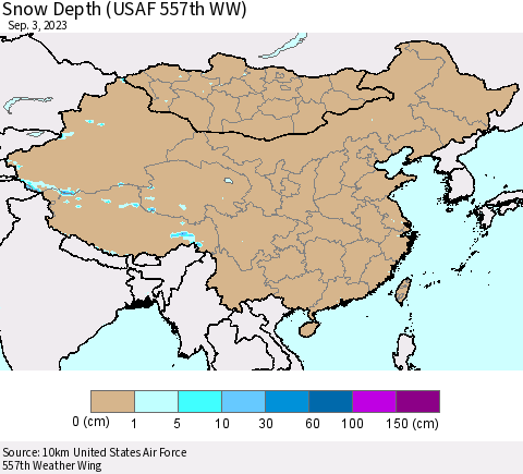 China, Mongolia and Taiwan Snow Depth (USAF 557th WW) Thematic Map For 8/28/2023 - 9/3/2023