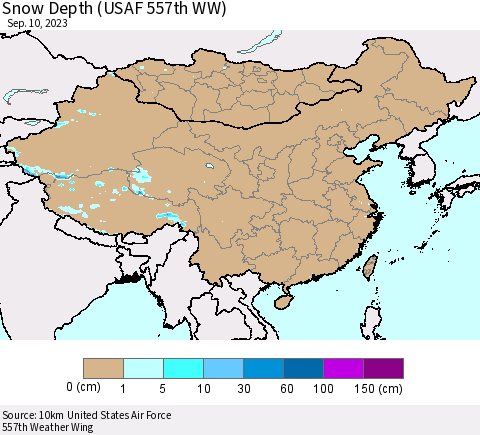 China, Mongolia and Taiwan Snow Depth (USAF 557th WW) Thematic Map For 9/4/2023 - 9/10/2023