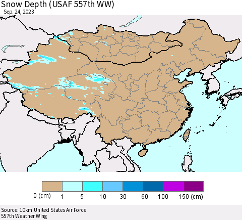 China, Mongolia and Taiwan Snow Depth (USAF 557th WW) Thematic Map For 9/18/2023 - 9/24/2023