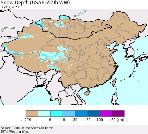 China, Mongolia and Taiwan Snow Depth (USAF 557th WW) Thematic Map For 10/2/2023 - 10/8/2023