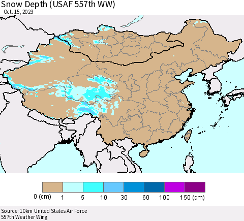China, Mongolia and Taiwan Snow Depth (USAF 557th WW) Thematic Map For 10/9/2023 - 10/15/2023
