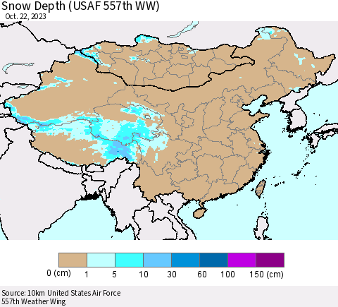 China, Mongolia and Taiwan Snow Depth (USAF 557th WW) Thematic Map For 10/16/2023 - 10/22/2023