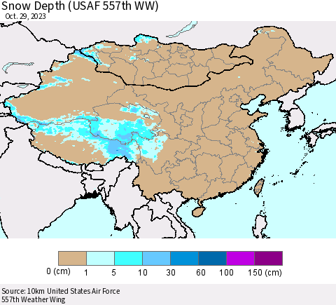 China, Mongolia and Taiwan Snow Depth (USAF 557th WW) Thematic Map For 10/23/2023 - 10/29/2023