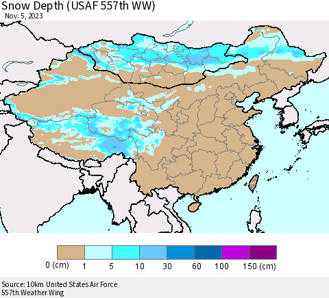 China, Mongolia and Taiwan Snow Depth (USAF 557th WW) Thematic Map For 10/30/2023 - 11/5/2023
