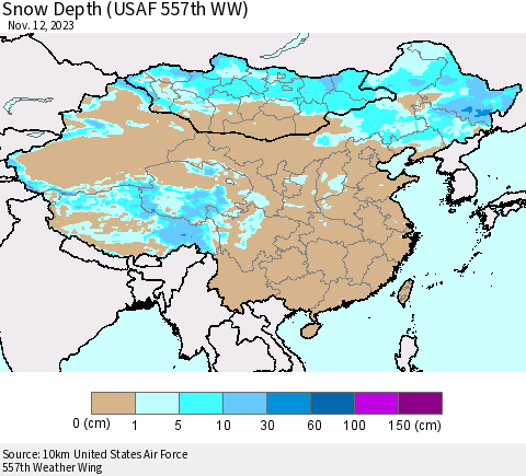China, Mongolia and Taiwan Snow Depth (USAF 557th WW) Thematic Map For 11/6/2023 - 11/12/2023