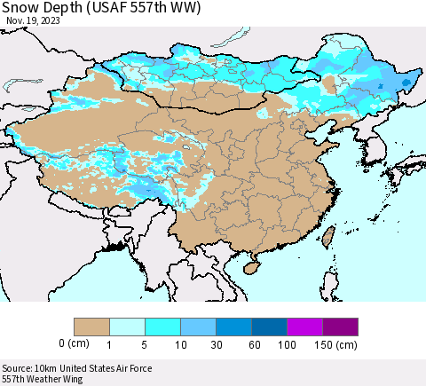 China, Mongolia and Taiwan Snow Depth (USAF 557th WW) Thematic Map For 11/13/2023 - 11/19/2023