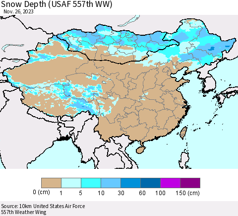 China, Mongolia and Taiwan Snow Depth (USAF 557th WW) Thematic Map For 11/20/2023 - 11/26/2023
