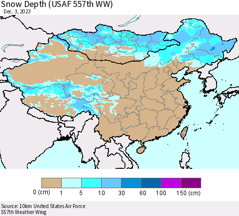 China, Mongolia and Taiwan Snow Depth (USAF 557th WW) Thematic Map For 11/27/2023 - 12/3/2023