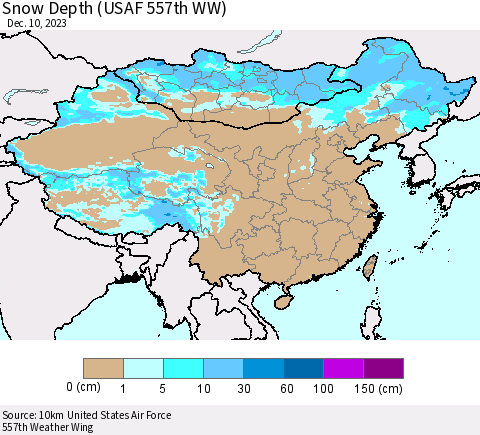 China, Mongolia and Taiwan Snow Depth (USAF 557th WW) Thematic Map For 12/4/2023 - 12/10/2023