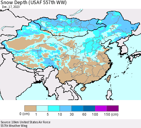 China, Mongolia and Taiwan Snow Depth (USAF 557th WW) Thematic Map For 12/11/2023 - 12/17/2023