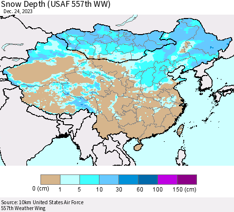 China, Mongolia and Taiwan Snow Depth (USAF 557th WW) Thematic Map For 12/18/2023 - 12/24/2023