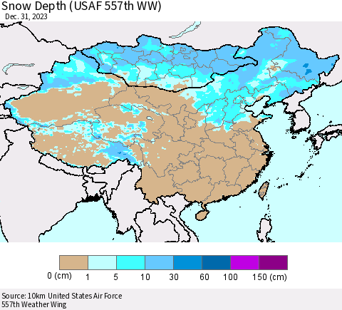 China, Mongolia and Taiwan Snow Depth (USAF 557th WW) Thematic Map For 12/25/2023 - 12/31/2023