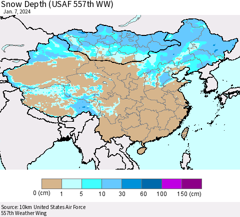 China, Mongolia and Taiwan Snow Depth (USAF 557th WW) Thematic Map For 1/1/2024 - 1/7/2024