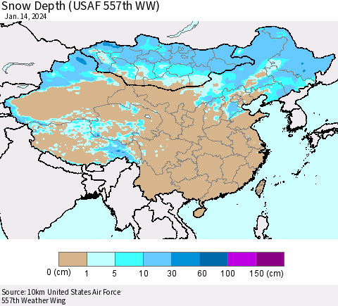 China, Mongolia and Taiwan Snow Depth (USAF 557th WW) Thematic Map For 1/8/2024 - 1/14/2024
