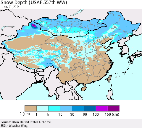 China, Mongolia and Taiwan Snow Depth (USAF 557th WW) Thematic Map For 1/15/2024 - 1/21/2024